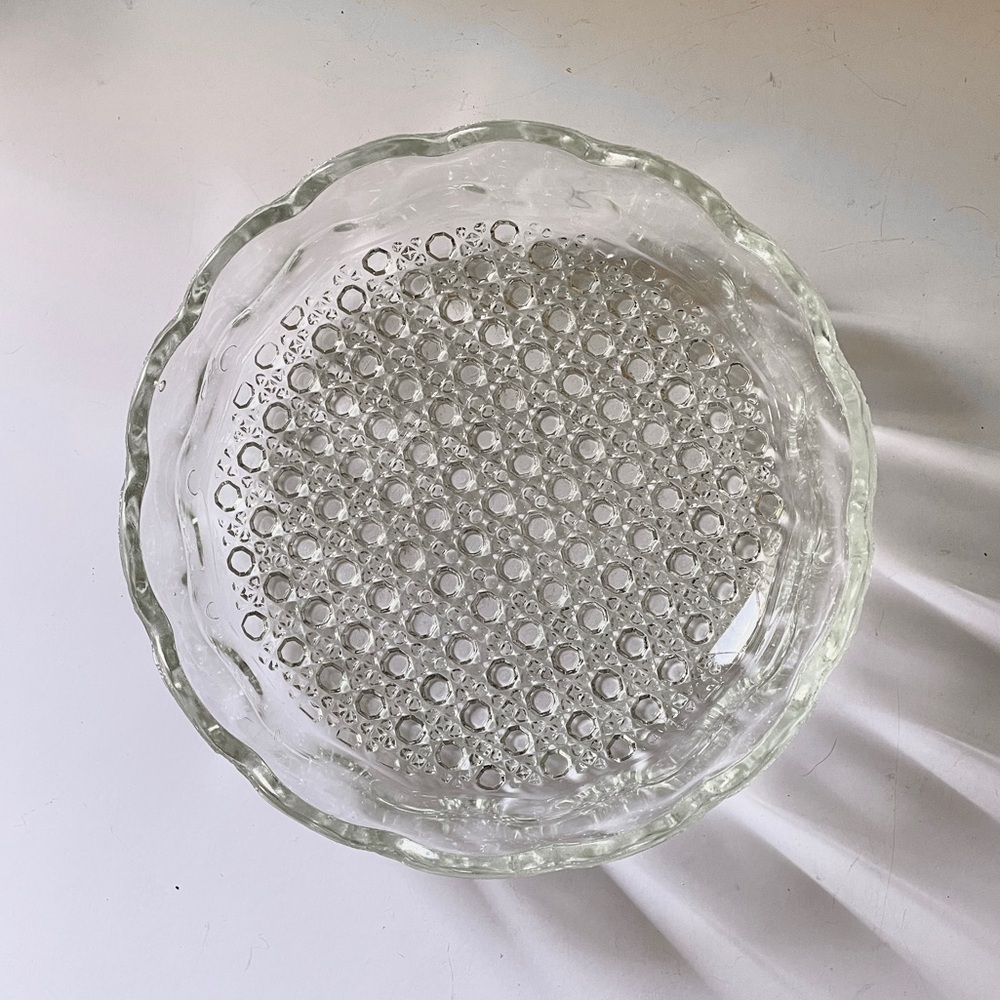 Mid Century Clear Geometric Faceted Bubble Hobnail Glass Plate Scalloped Tray